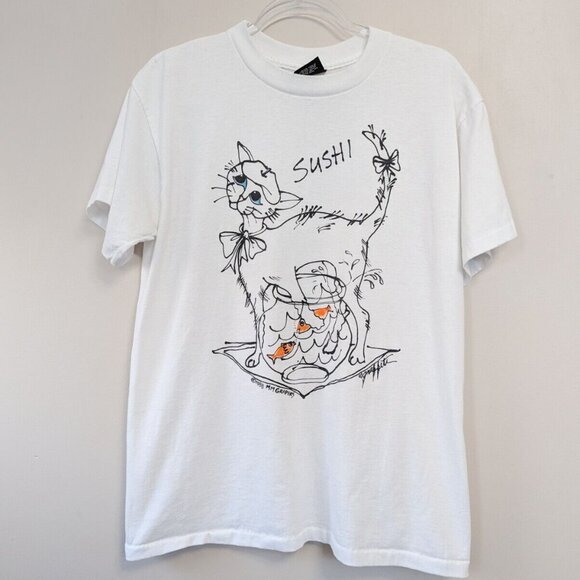 Vintage 80s Parisian Cat Fish Bowl Sushi Graphic T-Shirt - Picture 1 of 11